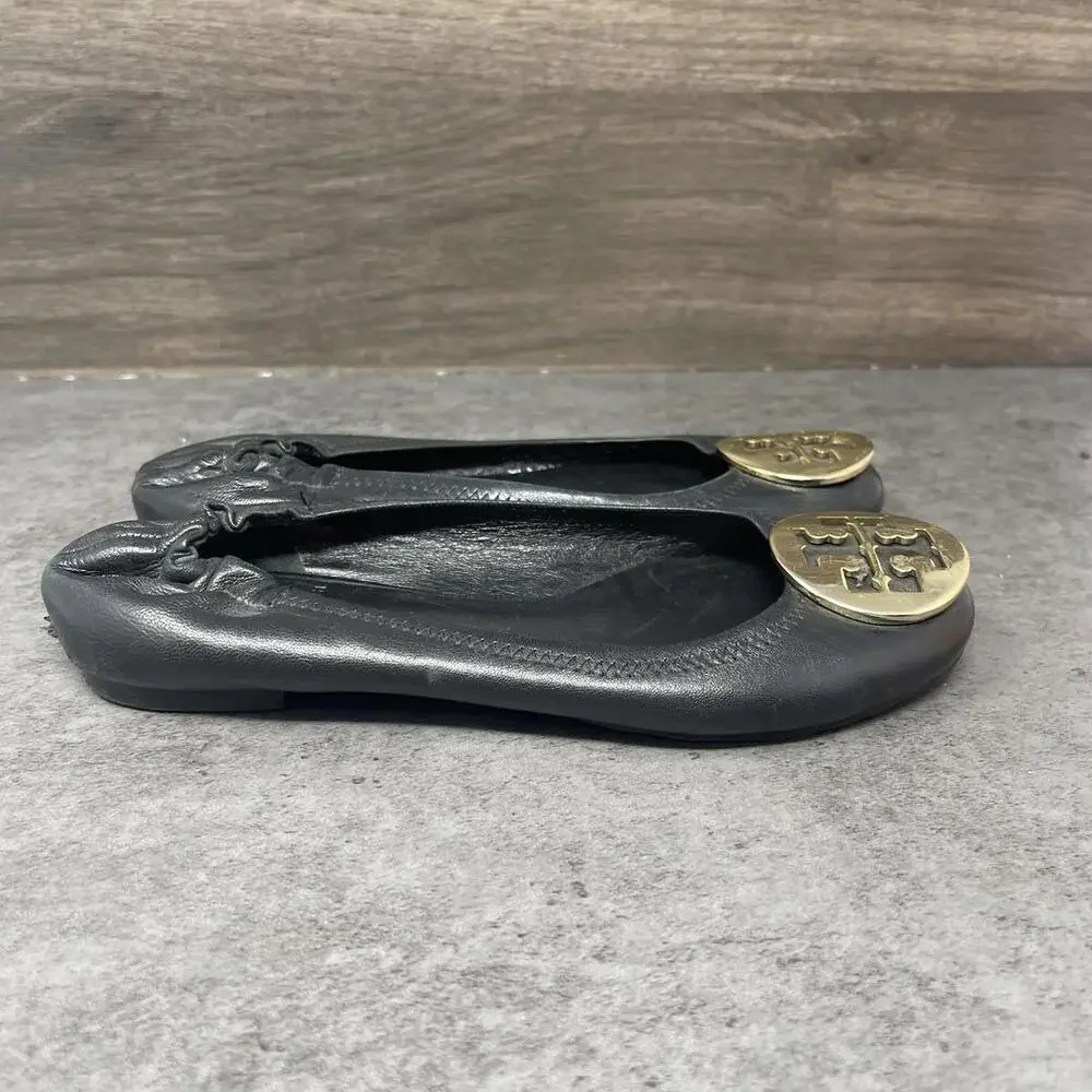 Tory Burch Minnie Travel Ballet Flats Womens Size 5 Black Leather Slip On Shoes